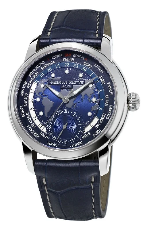 men's watches with large faces and bold, sporty designs -Frederique Constant Classic Worldtimer Manufacture Automatic Blue Dial Blue Leather Strap Mens Watch FC-718NWM4H6