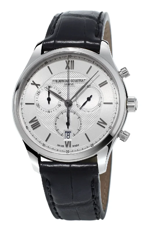 best luxury watches for men with innovative designs and craftsmanship -Frederique Constant Classics Chronograph Silver Dial Black Leather Strap Quartz Mens Watch FC-292MS5B6