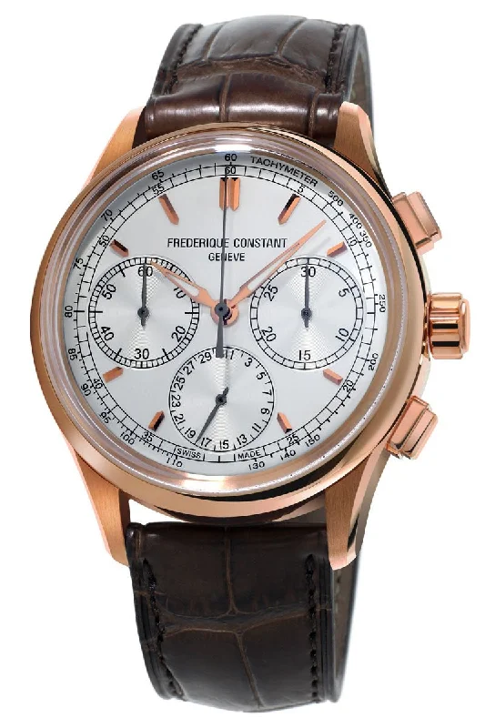 sport watches for men with activity and health tracking features -Frederique Constant Flyback Chronograph Manufacture Rose Gold Tone Steel Silver Dial Brown Leather Strap Automatic Mens Watch FC-760V4H4