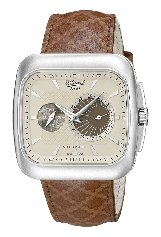 stylish men's watches with rubber and stainless steel band combinations -Gucci G-Coupe Special Edition Automatic Stainless Steel YA131307 Cream Dial Date Brown Leather Strap Mens Watch