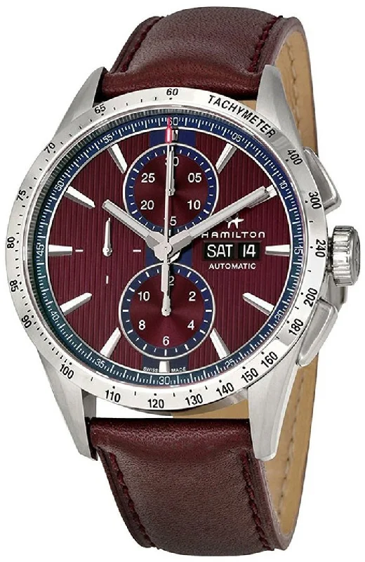 rugged sport watches for men with shock resistance and waterproof features -Hamilton Broadway Automatic Chronograph Day of Week Date Burgundy Men’s Strap Watch H43516871