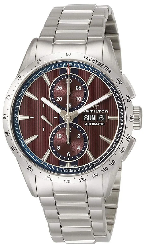 men's watches with simple analog faces and durable leather straps -Hamilton Broadway Automatic Chronograph Stainless Steel Burgundy Dial Day/Date Mens Watch H43516171