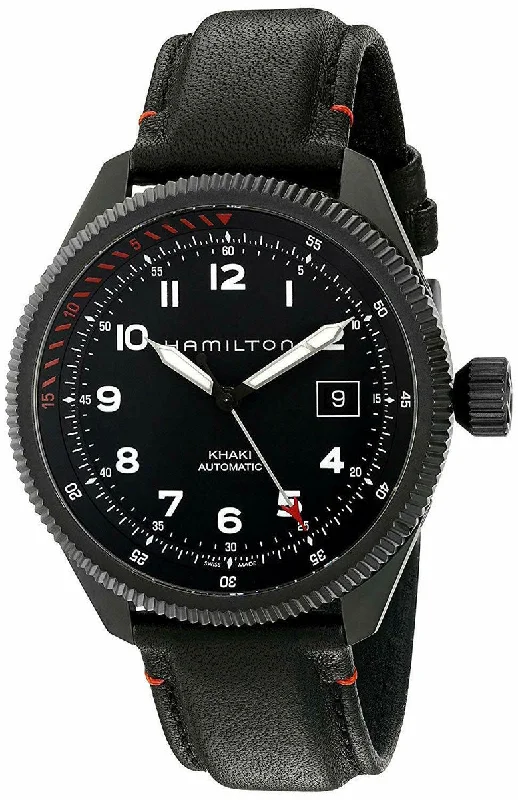 men's watches with ceramic cases and polished steel bands -Hamilton Khaki Aviation Takeoff Air Zermatt Automatic Black Steel Black Dial Date Black Leather Strap Mens Watch H76695733