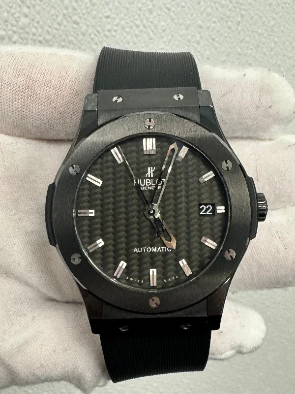 women’s watches with stainless steel bands and sparkling gemstone accents -Hublot Classic Fusion Black Magic Black Ceramic 42mm Black Carbon Stick Dial Watch Reference #:  542.CM.1770.RX