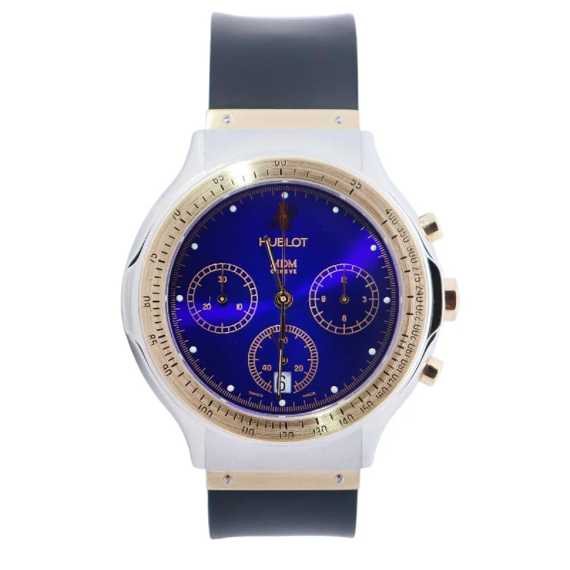 premium men's watches with skeleton faces and automatic movements -Hublot Elegant Two-Tone Stainless Steel & Yellow Gold Blue Chronograph Dial Watch Reference# 1621.2