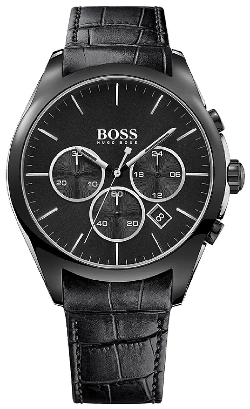 men's watches with automatic movement and modern digital features -Hugo Boss Onyx Chronograph Black Steel Mens Strap Watch Black Dial Calendar 1513367