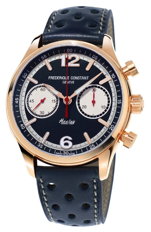 affordable men's watches with simple designs and digital features -Limited Edition Frederique Constant Vintage Rally Healey Chronograph Automatic Rose Gold Tone Steel Blue Dial Blue Leather Mens Watch FC-397HN5B4