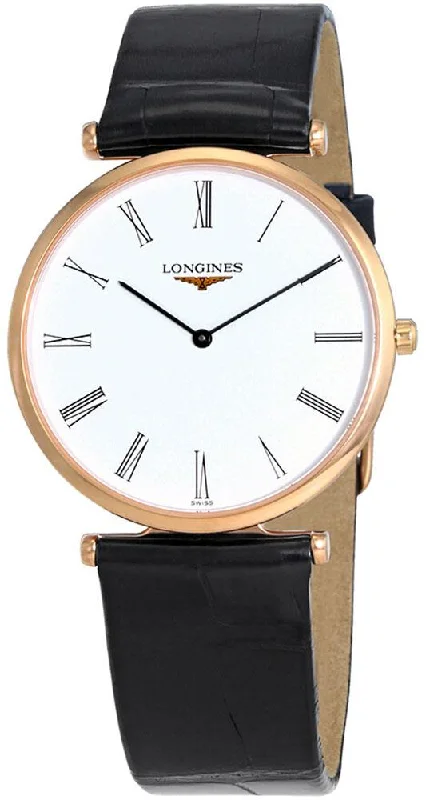 luxury watches for men with intricate dial designs and quality materials -Longines La Grande Classique Rose Gold PVD White Dial Black Leather Strap Quartz Mens Watch L4.709.1.91.2