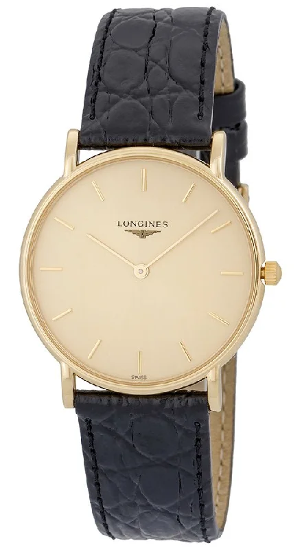 smartwatches for men with step counter, sleep tracker, and notifications -Longines Presence 18kt Solid Gold Mens Strap Luxury Swiss Quartz Watch L4.802.6.32.2