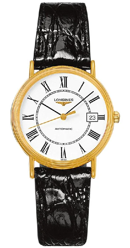 smartwatches for women with step counting and wellness tracking -Longines Presence Automatic Yellow Gold PVD White Dial Black Leather Strap Date Mens Watch L4.821.2.11.2