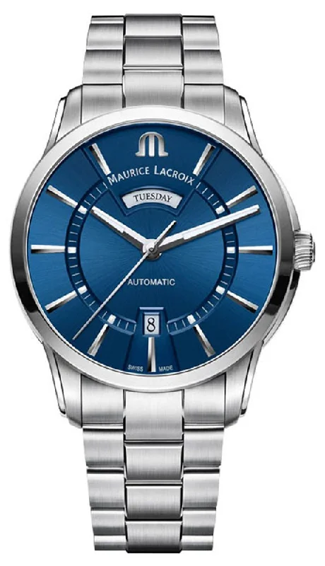 affordable men’s watches with modern designs and silicone straps -Maurice Lacroix Pontos Stainless Steel Blue Dial Day-Date Automatic Mens Watch PT6358-SS002-430-1