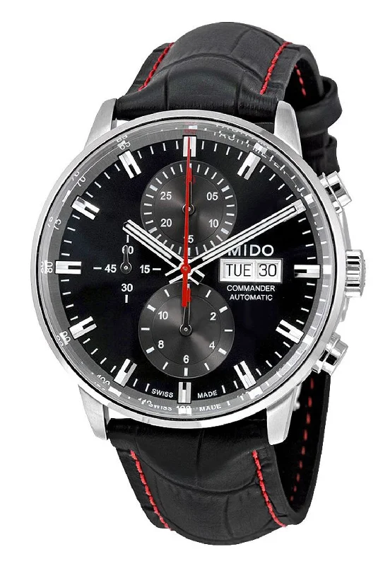 high-end digital watches for men with tracking features and custom displays -Mido Commander II Automatic Chronograph Black Leather Strap Black Dial Mens Watch M016.414.16.051.00