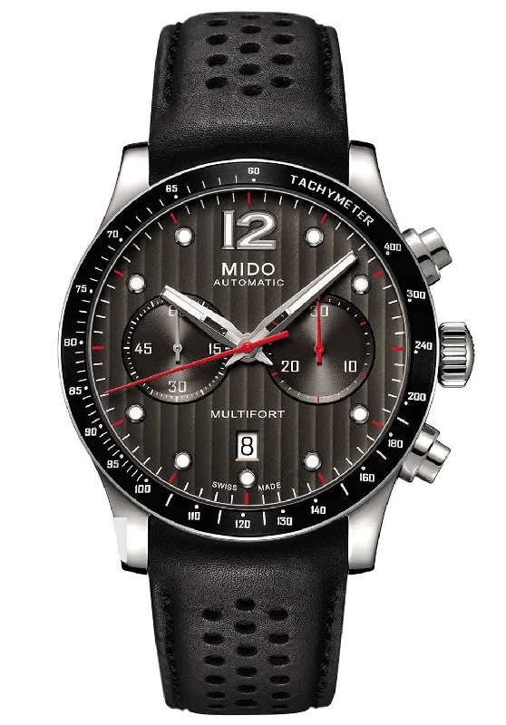 best watches for men with advanced features and sleek designs -Mido Multifort Automatic Chronograph Black Leather Strap Black Dial Date Mens Watch M025.627.16.061.00