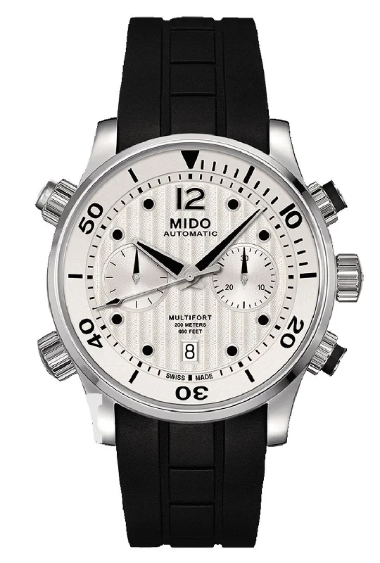 rugged sport watches for men with shockproof and waterproof capabilities -Mido Multifort Automatic Chronograph Black Rubber Strap Silver Dial Date Diver's Mens Watch M005.914.17.030.00