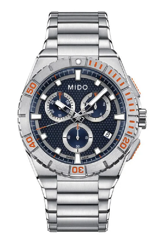 women's watches with adjustable bands and gemstone markers -Mido Ocean Star Chronograph Stainless Steel Blue Dial Date Quartz Divers Mens Watch M023.417.11.041.00