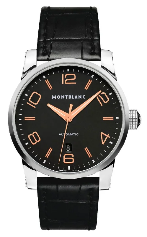 stylish men's watches with rubber and stainless steel band combinations -Montblanc Timewalker Black Dial Date Black Leather Strap Automatic Mens Watch 101551