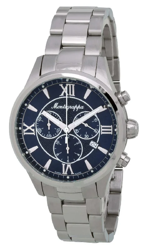 elegant men’s watches with brushed metal cases and leather straps -Montegrappa Fortuna Chronograph Blue Dial Stainless Steel Quartz Men's Watch Date IDFOWCID