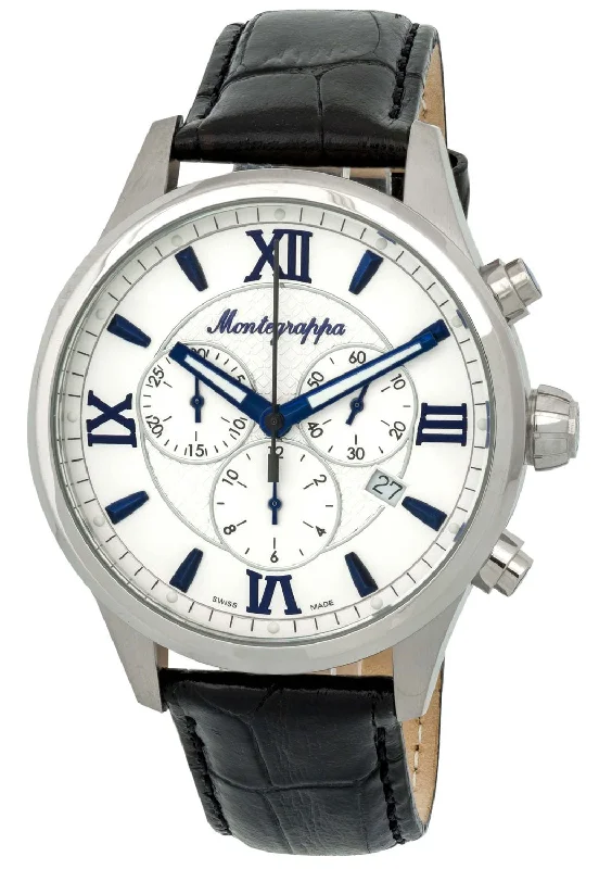 watches for men with chronograph functions and interchangeable bands -Montegrappa Fortuna Chronograph Date White Dial Black Leather Strap Quartz Men's Watch IDFOWCLB