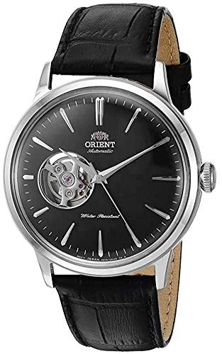 classic leather watches for men with large faces and date windows -Orient Men's Bambino Open Heart Stainless Steel Automatic Watch with Leather Strap, Black, 21 (Model: RA-AG0004B10A)