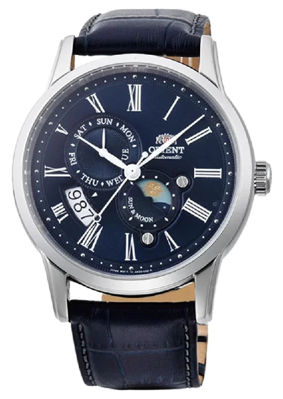 elegant watches for men with minimalistic dials and sleek bands -Orient Sun And Moon Version 3 Automatic Stainless Steel Blue Leather Strap Blue Dial Day-Date Mens Watch FAK00005D0