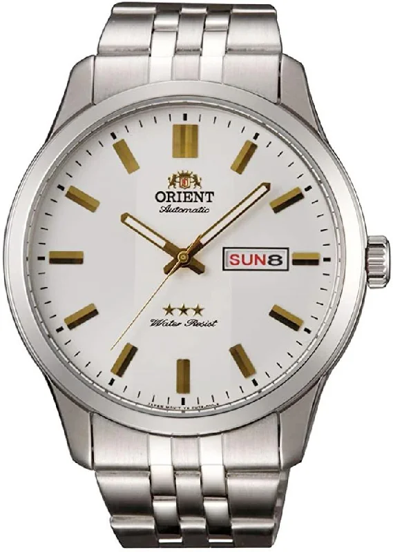 rugged sport watches for men with shock resistance and waterproof features -Orient TriStar Automatic Stainless Steel White Dial Day-Date Mens Watch RA-AB0014S19B