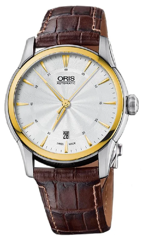 digital watches for women with customizable faces and waterproof features -Oris Artelier Automatic Two-Tone Stainless Steel Case Brown Leather Strap Silver-Tone Dial Date Mens Watch 733 7670 4351-LS