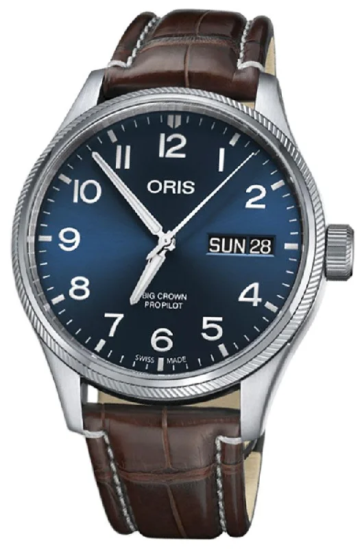 watches for women with simple designs and modern functionalities -Oris Big Crown ProPilot Automatic Stainless Steel Brown Leather Strap Blue Dial Day-Date Mens Watch 752 7698 4065-LS