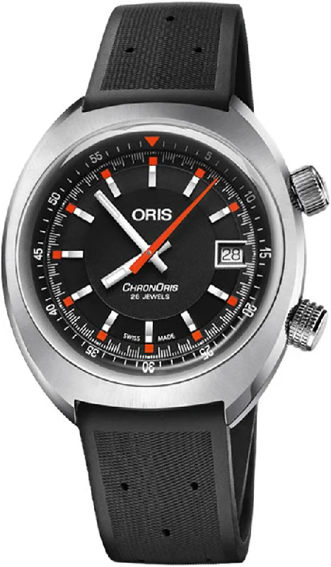 women’s watches with stainless steel bands and sparkling gemstone accents -Oris Chronoris Automatic Stainless Steel Black Rubber Strap Black Dial Date Mens Watch 733 7737 4054-RS