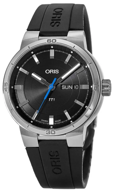 smartwatches with stress and activity tracking for men -Oris TT1 Automatic Stainless Steel Black Rubber Strap Black Dial Day-Date Mens Watch 735 7752 4154-RS