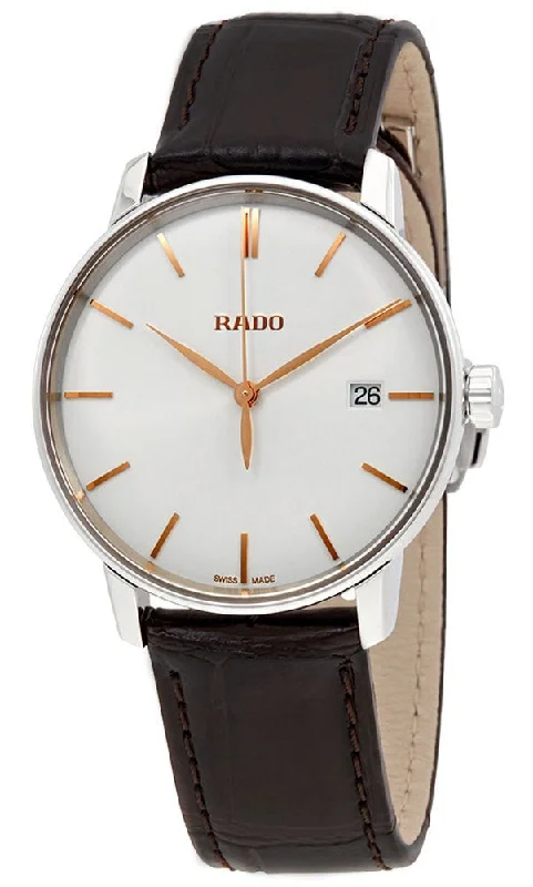 luxury digital watches for men with advanced GPS and fitness features -Rado Coupole L Silver Dial Brown Leather Strap Quartz Mens Watch R22864025