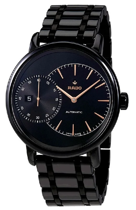 waterproof watches for men with dual time zones and compass -Rado DiaMaster Grande Seconde High-Tech Ceramic Black Dial Date Automatic Mens Watch R14127152