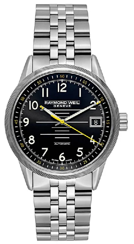 watches for women with slim faces and elegant crystal accents -Raymond Weil Freelancer Stainless Steel Analog Automatic Mens Sports Watch Black Dial Calendar 2754-ST-05200