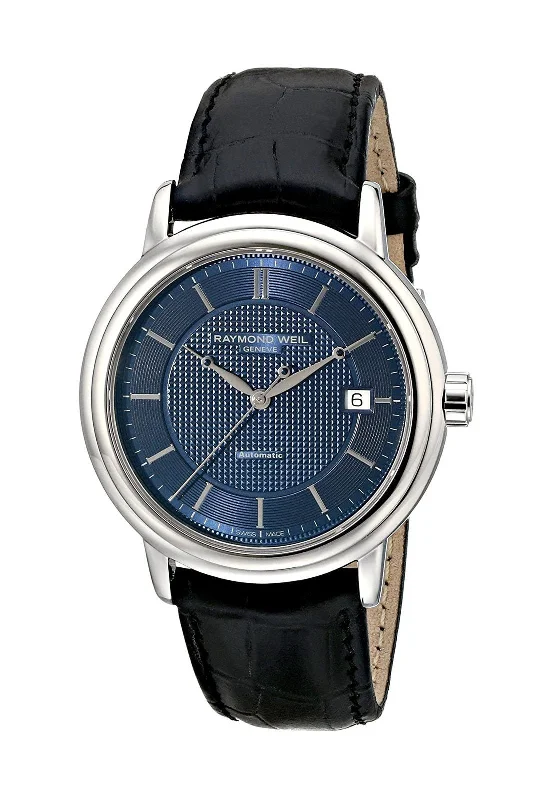 luxury women’s watches with high-quality Swiss movements and diamonds -Raymond Weil Maestro Stainless Steel Blue Dial Leather Band Automatic Mens Watch 2837-STC-50001