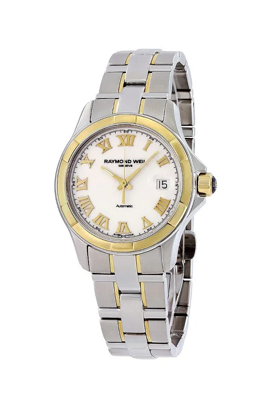 stylish women's watches with crystal-studded bezels and leather bands -Raymond Weil Parsifal Two-Tone 18k Gold & Steel Calendar Automatic Mens Watch 2970-SG-00308