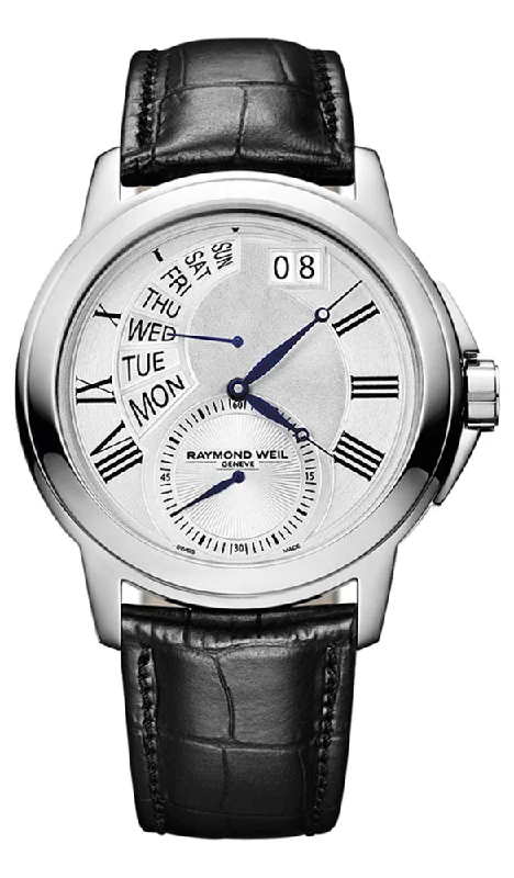 classic watches for men with elegant designs and multi-functional dials -Raymond Weil Tradition Stainless Steel Mens Watch Day of Week Retrograde 9579-STC-65001