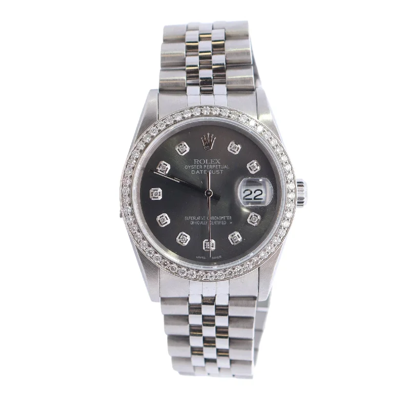 classic leather watches for men with large faces and date windows -Rolex Datejust Stainless Steel 36mm Grey Diamond Dot Dial Watch Reference #: 16234