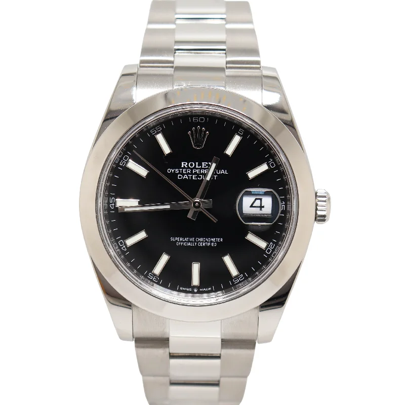 solar-powered watches for men with stainless steel and durable designs -Rolex Datejust Stainless Steel 41mm Black Stick Dial Watch Reference #: 126300