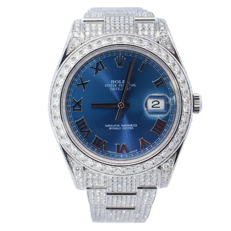 premium digital watches for men with GPS and heart rate sensors -Rolex Datejust Stainless Steel 41mm Custom Iced Out Blue Roman Dial Watch Reference# 116334