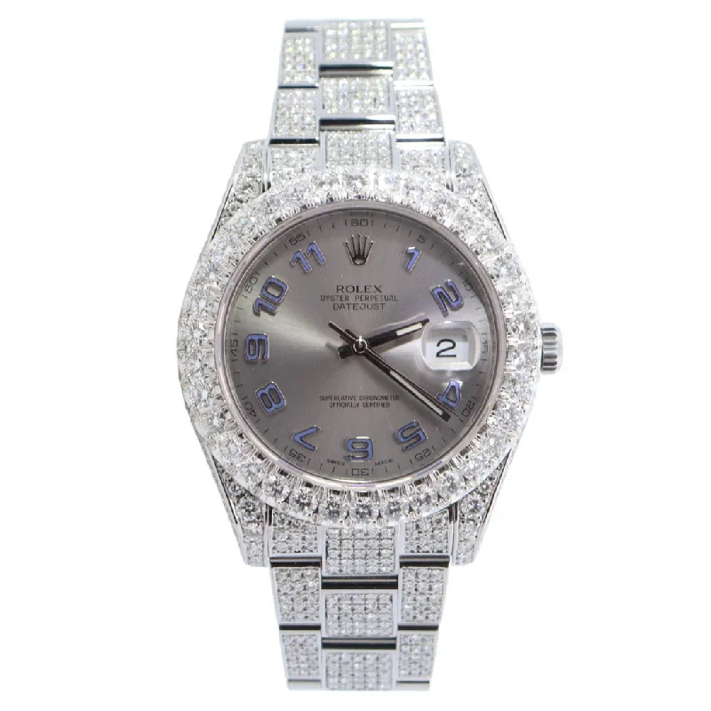 solar-powered watches for men with rugged designs and high water resistance -Rolex Datejust Stainless Steel Custom "ICED OUT" 41mm Silver Arabic Dial Watch Reference #: 116300