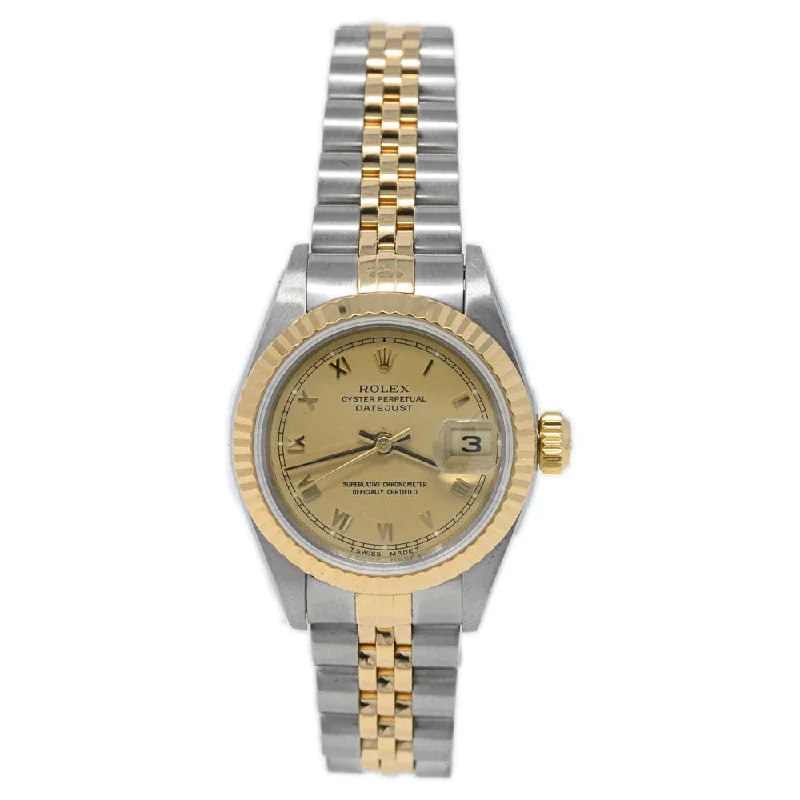 watches for women with unique face shapes and colorful bands -Rolex Datejust Two Tone Stainless Steel Yellow Gold 26mm Champagne Roman Dial Watch Reference #: 79173