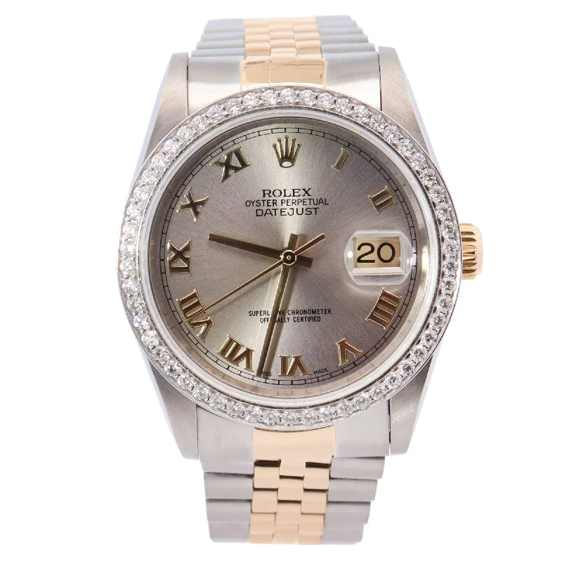 elegant women’s watches with silver cases and gemstone accents -Rolex Datejust Two-Tone Stainless Steel & Yellow Gold 36mm Silver Roman Dial Watch Reference# 16233