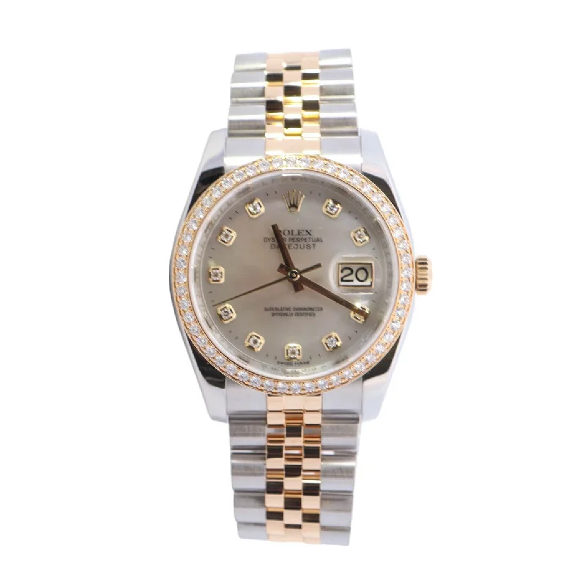 women's watches with metal bands and mother-of-pearl dials -Rolex Datejust Two-Tone Stainless Steel & Yellow Gold 36mm Factory MOP Diamond Dial Watch Reference# 116243