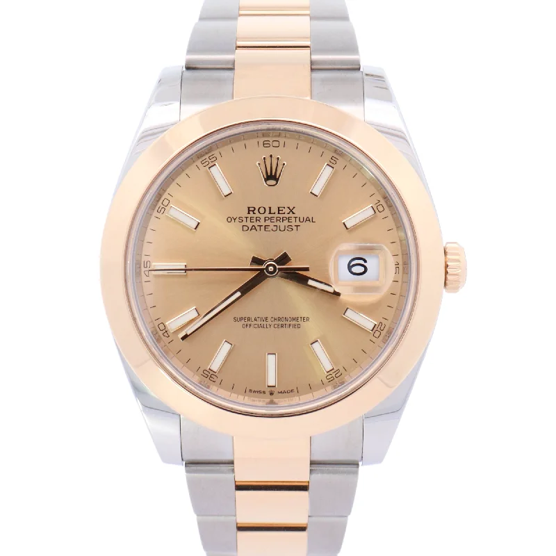 elegant women’s watches with leather straps and slim, sleek faces -Rolex Datejust Two-Tone Stainless Steel & Yellow Gold 41mm Champagne Stick Dial Watch Reference# 126303