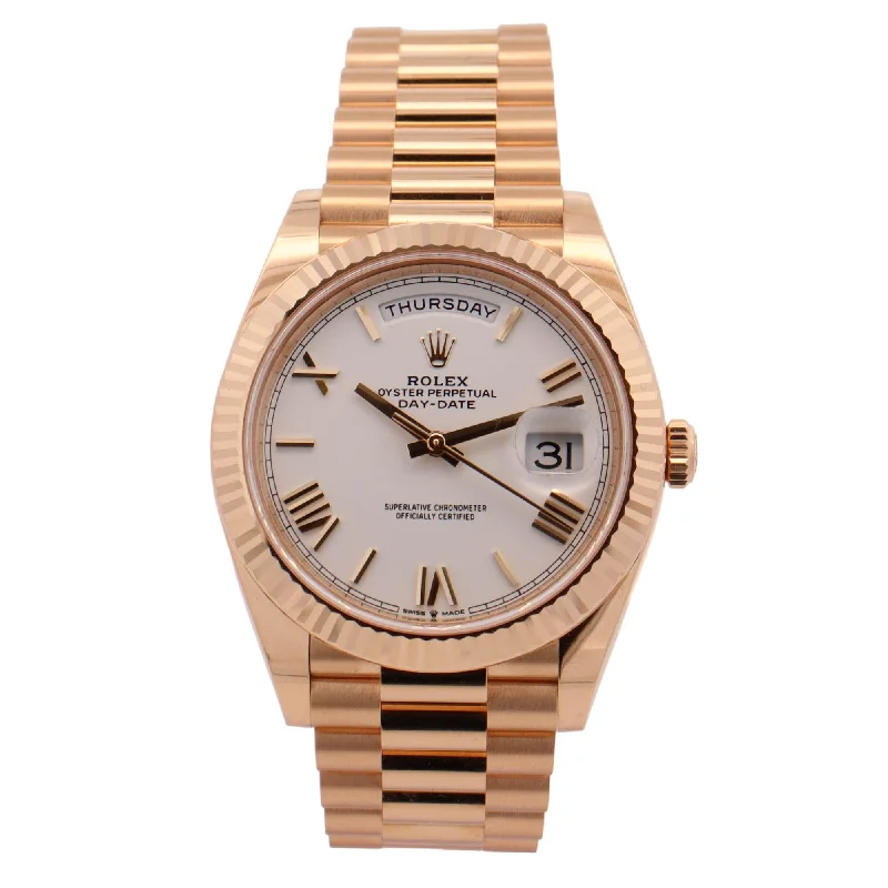 women’s watches with sophisticated designs and elegant bracelets -Rolex Day-Date Rose Gold 40mm White Roman Dial Watch Reference# 228235