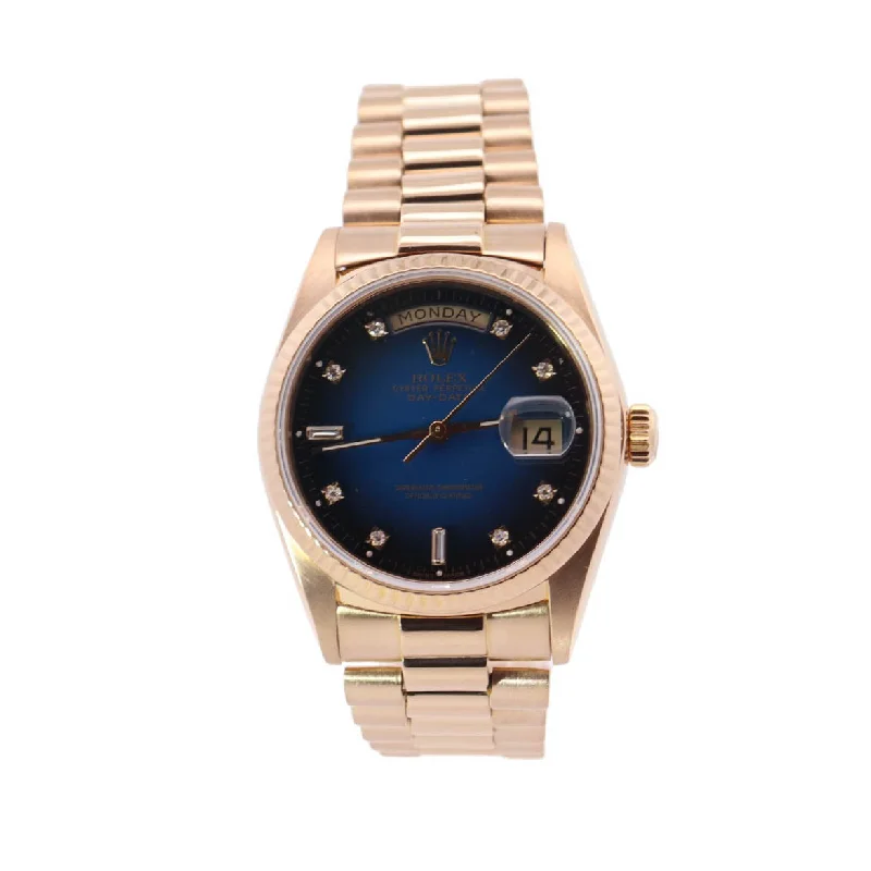 women's watches with leather straps and delicate gold details -Rolex Day Date Yellow Gold 36mm Blue Gradient Diamond Dot Dial Watch Reference #: 18038