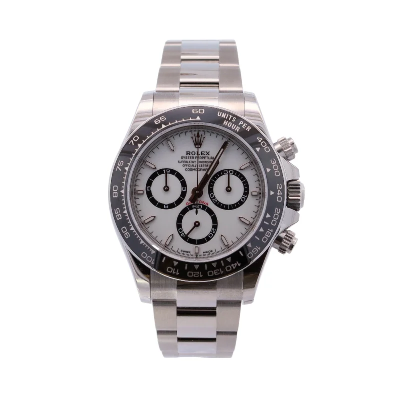 stylish women's watches with slim profile and round dials -Rolex Daytona â€œPandaâ€ Stainless Steel 40mm White Chronograph Dial Watch Reference# 126500LN