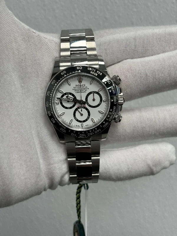 luxury men’s watches with leather and metal hybrid bands -Rolex Daytona "Panda" Stainless Steel 40mm White Chronograph Dial Watch Reference# 126500LN