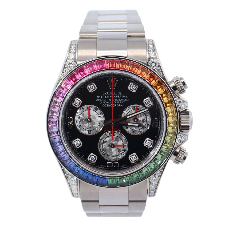 women's watches with gemstone accents and colorful leather bands -Rolex Daytona White Gold 40mm Black Chronograph Dial Watch Reference# 116599RBOW