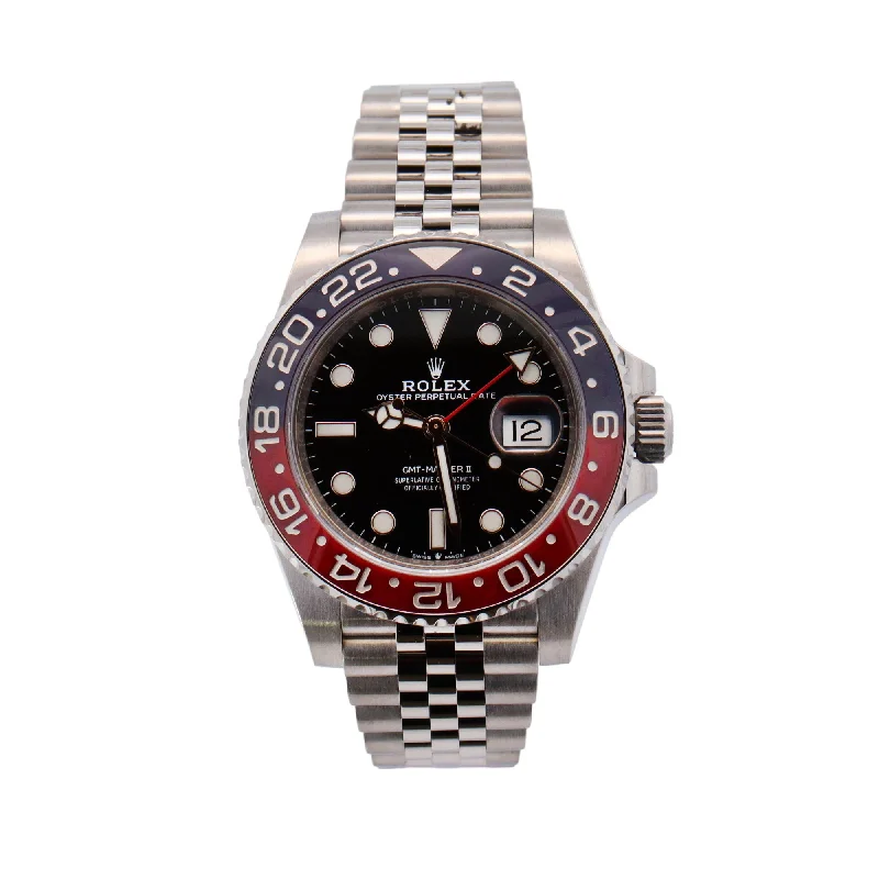 men's watches with ceramic and stainless steel bands for durability -Rolex GMT-Master II "Pepsi" Stainless Steel 40mm Black Dot Dial Watch Reference# 126710BLRO