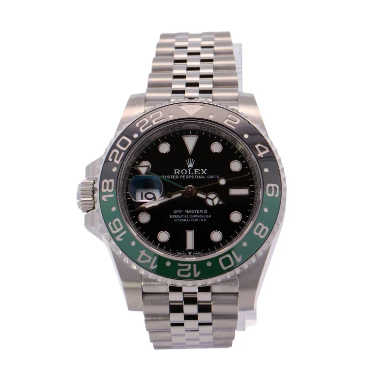 high-end men’s watches with titanium cases and leather straps -Rolex GMT Master II Stainless Steel 40mm Black Dot Dial Watch Reference# 126720VTNR